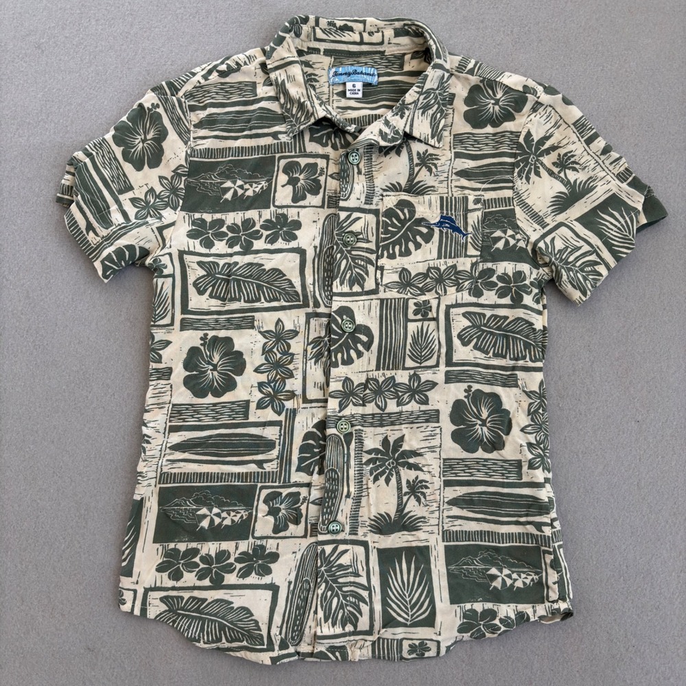 Tommy Bahama Boys Size 6 Tropical Block Print Rayon Button Down Shirt Olive